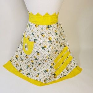 Vtg 50s Handmade Reversible Yellow Floral Half Apron Cotton Pocket S/M Farmhouse